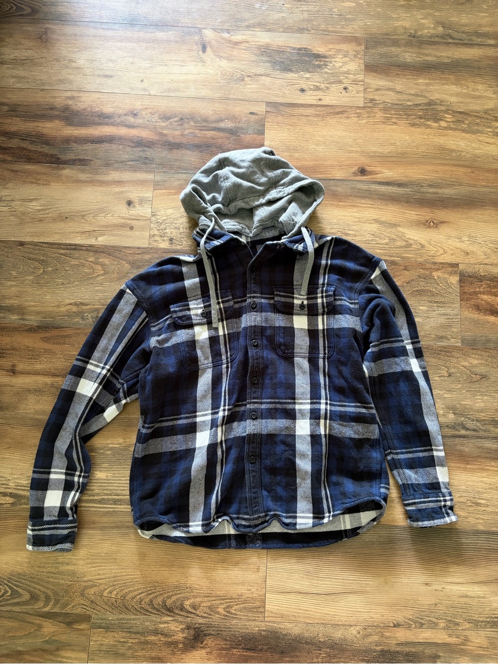 American Eagle Outfitters Navy and Gray Plaid Hooded Button-Up Shirt